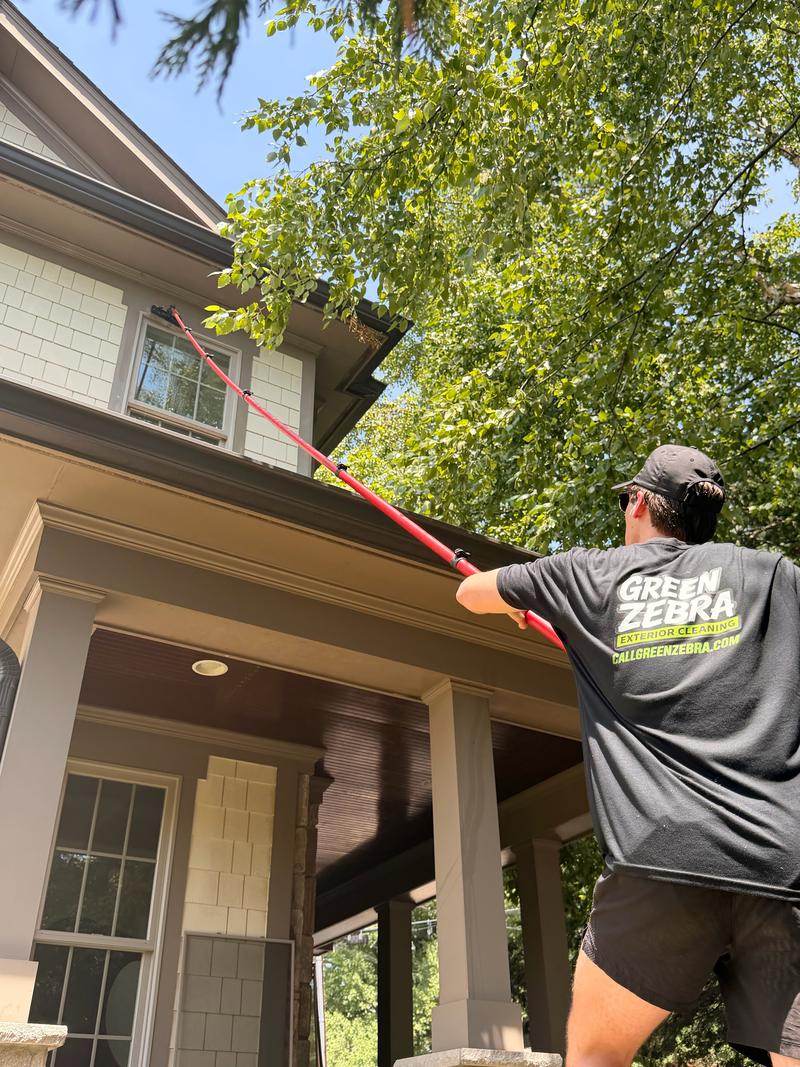 Green Zebra technician in a branded shirt cleaning second-story windows on a craftsman home with a water-fed pole